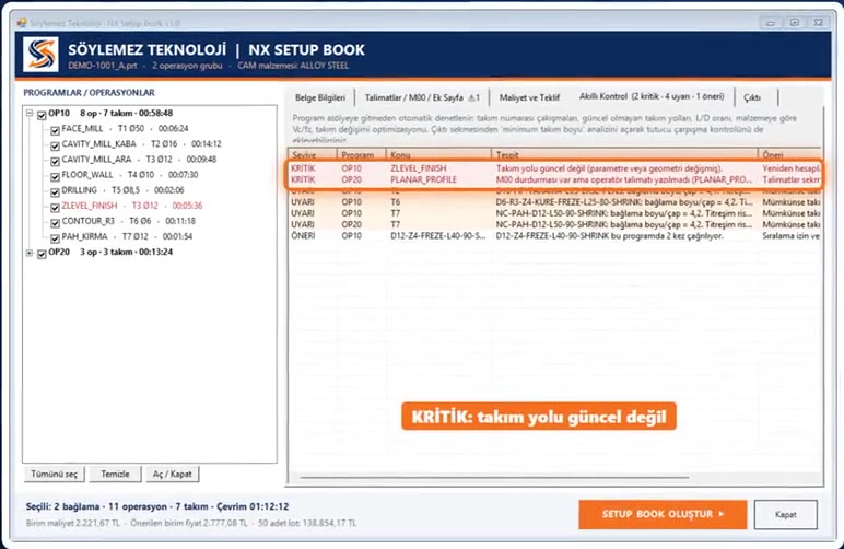 Akıllı kontrol ekranı: kritik, uyarı ve öneriler