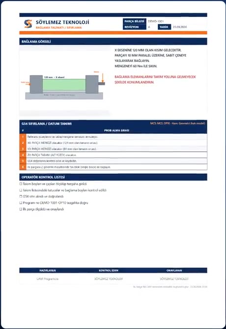 Setup Book bağlama talimatı ve G54 sıfırlama sayfası