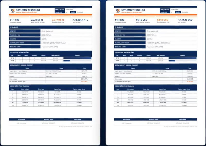 TL ve USD maliyet analizi ve teklif dosyaları